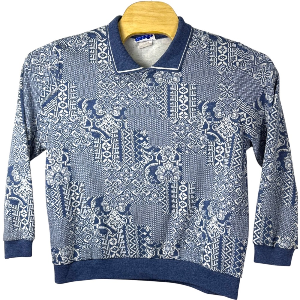 Vintage Cape Cod Sportswear Long Sleeve Polo Shirt Blue‎ White Print USA Medium